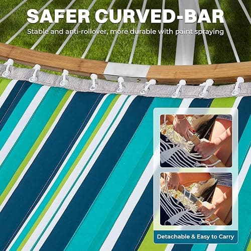 SUPERJARE Curved-Bar Hammock with Stand, 2 Person Heavy Duty Hammock Frame, Detachable Pillow & Portable Carrying Bag, Perfect for Outdoor & Indoor, Blue-Green Stripe thumbnail 8
