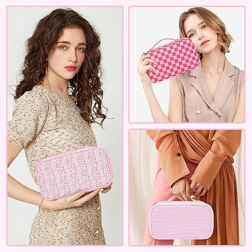 Relavel Cute Makeup Bag for Girls, Portable Pink Cosmetic Bag, Dual-layer Makeup Pouch with Brush Holder, Multi-Functional Preppy Toiletry Organizer for Travel, Daily Use - Pink Flower thumbnail 6