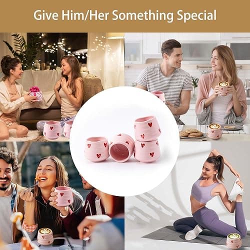 YumiPLUS 4pcs Ceramic Tea Cup Set – 160ml 5.4OZ Porcelain Pink Matcha Cup, Handless Cute Hearts Coffee Mugs for breakfast espresso/afternoon tea (Pink Love) thumbnail 6