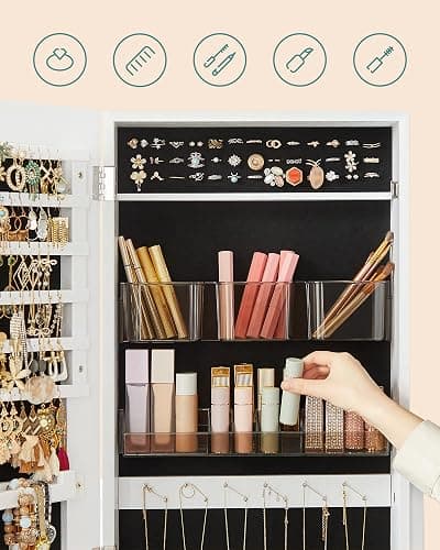 SONGMICS Jewelry Cabinet Armoire, Freestanding Lockable Storage Organizer Unit with 2 Plastic Cosmetic Storage, Full-Length Frameless Mirror, for Necklace Earring, White UJJC002W01 thumbnail 7
