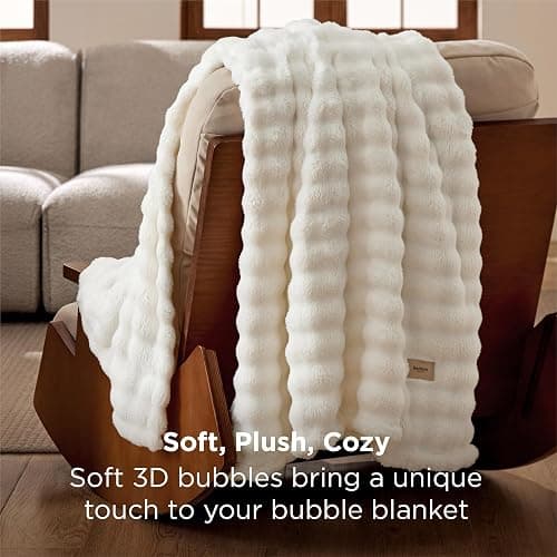 Bedsure 3D Fleece Bubble Blanket for Couch - GentleSoft Cute White Throw Blanket for Sofa Bed Room Decor - Luxury Soft Cozy Cloud Blanket Mothers Gifts for Women, Lightweight, Off White, 50"×60" thumbnail 5