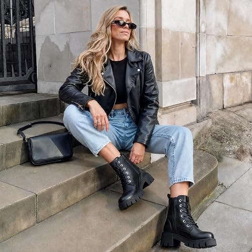 Vepose Women's Lace-Up Combat Ankle Boots with Chunky Platform Heel | Comfortable military-style booties, side zipper and memory foam insole, for city days, concerts and relaxed fall outfits thumbnail 3