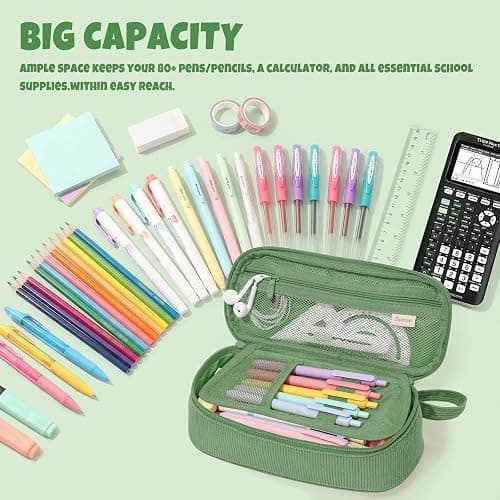 SUNEE Cute Pencil Case, Large Capacity Pencil Pouch, Soft Corduroy Pencil Bag, Big Storage Pen Organizer for Stationery, Aesthetic Zipper Pencil Box, Back to School Supplies for Teen Girls Boys, Green thumbnail 3