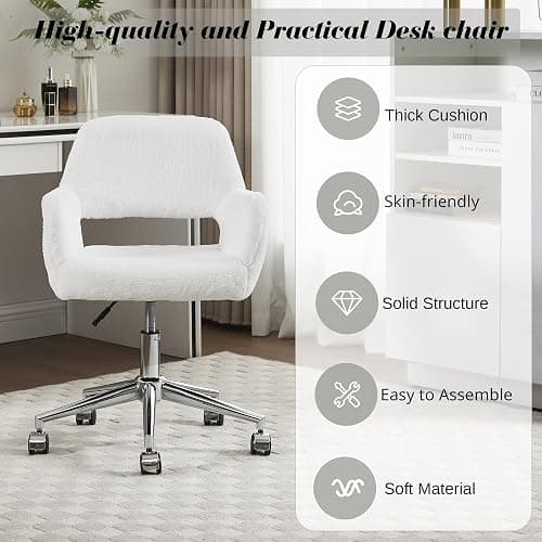 HJY Faux Fur Swivel Desk Chair, Makeup Vanity Chair with Silver Base, White | HENGJIANYI Modern Height Adjustable Fluffy Armchair Ergonomic 360° Swivel Office Chair with Hollowed Back thick cushion thumbnail 9