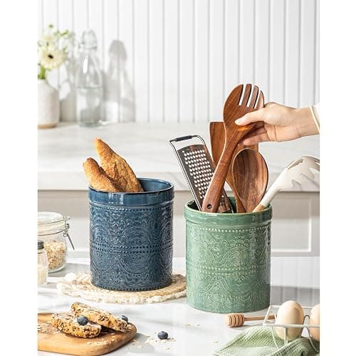 MIKIGEY Kitchen Utensil Holder, 7 Inches Large Ceramic Utensil Holder for Countertop, Lace Emboss Cooking Utensil Crocks for Kitchen, Home Decor, Reactive Blue thumbnail 7