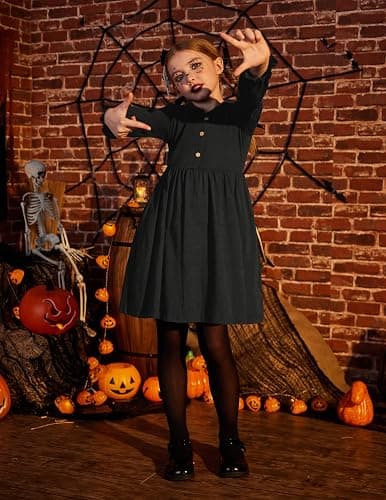 Arshiner Girls Long Sleeve Dress Fall Winter Ruffle Peter Pan Collar Front Button Casual Cotton Dresses thumbnail 4