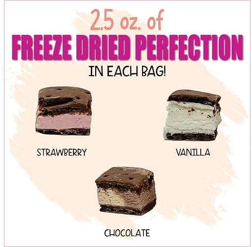 Freeze Dried Icecream Sandwich Bites, Neapolitan & Vanilla 2.5oz (2 pack) - Crunchy & Sweet Freeze Dried Dessert Snack, Dehydrated Freeze Dried Chocolate Flavors - Resealable Ice Cream Sandwich Bites thumbnail 8