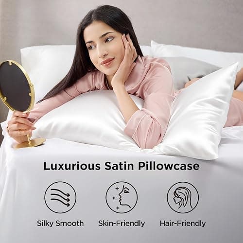 Bedsure Satin Pillow Case Queen Size 2 Pack - Similar to Silk Pillow Cases, White Pillowcases for Hair and Skin with Envelope Closure, Gifts for Women, 20x30 Inches thumbnail 3