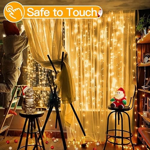 Ollny Christmas Curtain Lights 300 LED 9.8 FTx9.8 FT, Outdoor Waterproof Curtain String Lights with Remote Timer 8 Modes, USB Waterfall Window Lights for Wall Backdrop Home Decorations (Warm White) thumbnail 5