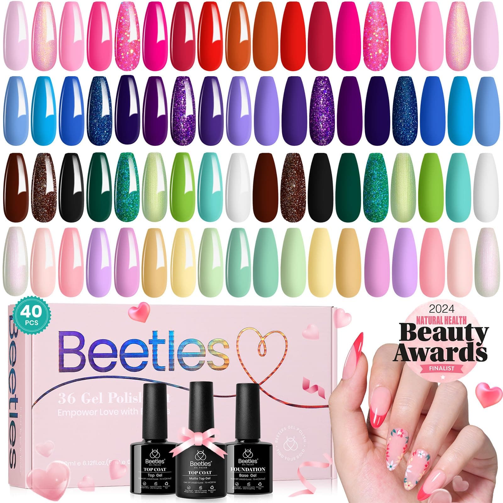 beetles Gel Polish Set 36 Colors Verse of Flower Collection All Season Nail Polish Pink Green Red Brown Purple Gel Polish with 3Pcs Base Top Coat Soak off UV Gel & Nail Art Stickers - Image 1