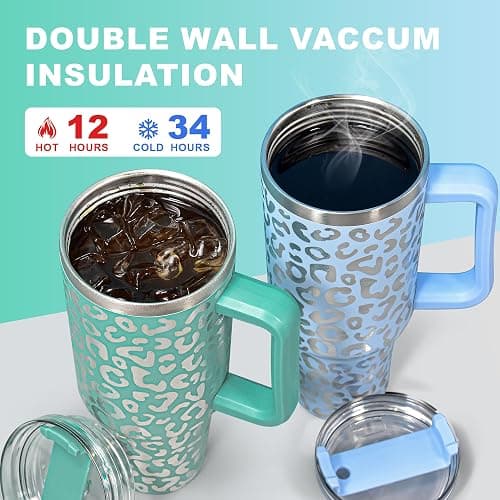 FECBK 40 oz Tumbler with Handle and Straw, 100% Leak-Proof Travel Mug, Stainless Steel Double Wall Vacuum Insulated Coffee Cup Keeps Cold For 34 Hours, Full Black Leopard thumbnail 4