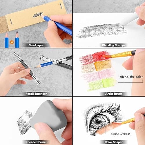Caliart 176PCS Art Supplies Sketching Kit, 100 Sheets 3-Color Sketch Book | Graphite Colored Charcoal Watercolor & Metallic Pencils, Drawing Supplies Set Gifts for Artists Adults Teens Girls Boys Kids thumbnail 6