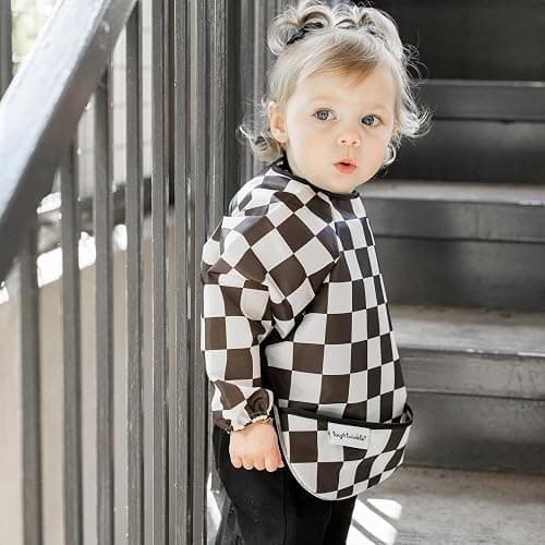 Tiny Twinkle Long Sleeve Bib for Babies & Toddlers | Waterproof Smock Bib for Eating | Machine Washable & Mess-Proof Feeding Essentials | Newborn Shower Gift (Checkers Black, 6–24M) thumbnail 5