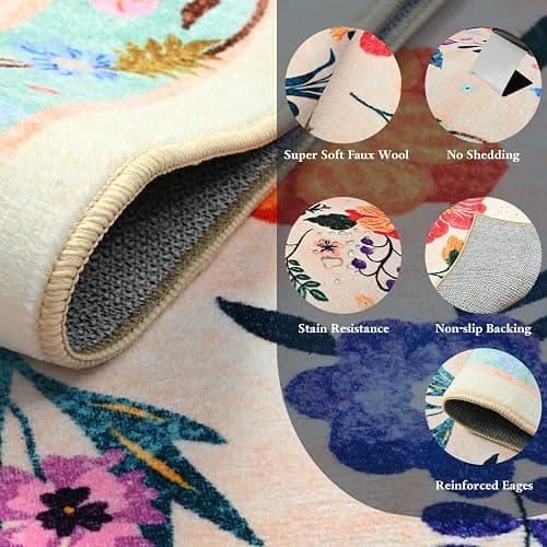 Terrug Floral Large Area Rug for Living Room, 6x9 Beige Washable Rug Boho Ultra-Thin Carpet, Soft Non Slip Stain Resistant Vintage Rug for Living Room, Bedroom, Dorm, Dining Room, Office thumbnail 5
