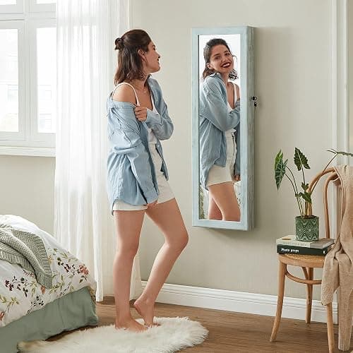 SONGMICS 6 LEDs Mirror Jewelry Cabinet, 47.2-Inch Tall Lockable Wall or Door Mounted Jewelry Armoire Organizer with Mirror, 2 Drawers, Christmas Gift, 3.9 x 14.6 x 47.2 Inches, Rustic Green thumbnail 3