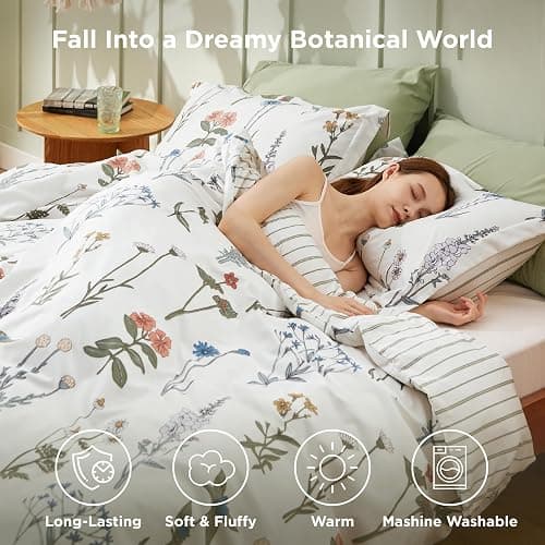 Bedsure Comforter Set Queen Size - Cute Floral Bedding Comforter Set, 3 Pieces, 1 Soft Reversible Coconut White Botanical Flowers Comforter and 2 Pillow Shams thumbnail 2