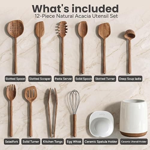 Wooden Spoons for Cooking - 12-Piece Premium Acacia Wood Utensil Set with Elegant Ceramic Holder & Spoon Rest, Non-Scratch Cooking Utensils Set for Nonstick Cookware, Luxury Kitchen Gift Set [Acacia] thumbnail 3
