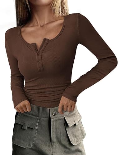 PRETTYGARDEN Women's 2025 Summer Fall Long Sleeve Henley T Shirts Button Ribbed Knit Slim Fit Casual Basic Tops Blouse - Image 1