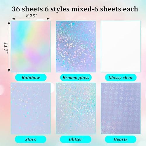 36 Sheets Holographic Sticker Paper Holographic Clear Vinyl Self Adhesive Waterproof Transparent Laminating Sheets Rainbow Overlay with A4 (11.7 x 8.3 Inch) 6 Styles Mixed thumbnail 2