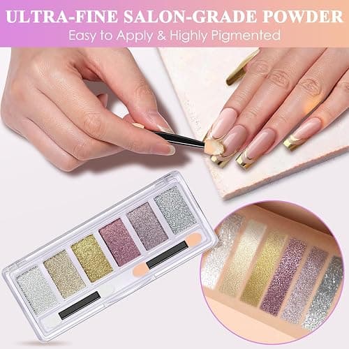 Gold Silver Chrome Nail Powder, DRMODE 6 Colors Metallic Mirror Effect Pink Light Purple Champagne Chrome Powder for Nails, Unicorn Iridescent Holographic Pigment Dust for Nail Art thumbnail 3
