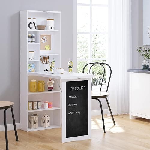 Zentrava Foldable Wall Mounted Desk with Storage Shelves, Fold Out Convertible Computer Table with Blackboard, Folding Writing Table Workstation for Small Spaces,Home Office (White) thumbnail 4