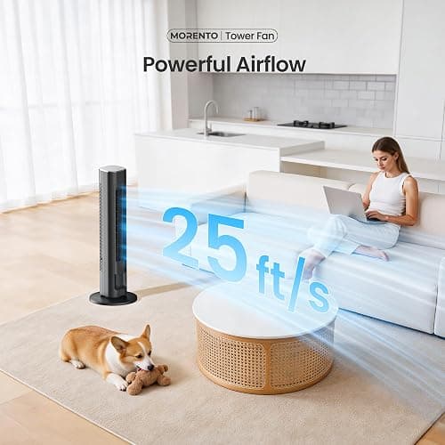 MORENTO 36-Inch Smart Tower Fan with Remote, 25ft/s Standing Fan with WiFi, App & Voice Control, 4 Modes, 4 Speeds, 12-Hour Timer, 90° Oscillating Fan for Bedroom and Office, Black, 1 Pack thumbnail 4
