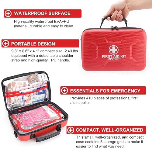 Gevoke 410 Piece Waterproof Hard Shell First Aid Kit for Home, Car, Travel, Camping, Truck, Hiking, Sports, Office, Vehicle & Outdoor Emergencies - Emergency Medical Kits (Red) thumbnail 3
