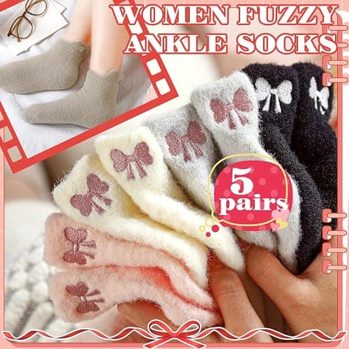Skicuff 5 Pair Women Bow Fuzzy Socks Stuff Coquette Pink Cozy Fluffy Ankle Slipper Socks for Women Girls Preppy Stuff thumbnail 3