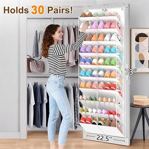 UVIAHOMI 20-30 Pairs Over the Door Shoe Organizer, Clear Pockets Hanging Shoe Storage for Closet, 10-Tier Door Shoes Rack, Handing Shoes Holder Fit All the Family's Sneakers, Boots, Heels, White thumbnail 2