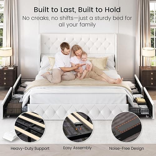 LARMACE King Size Bed Frame with 4 Storage Drawers and Wingback Headboard Velvet Upholstered Platform Bed Frame Tufted Beds with Wooden Slats Support, Easy Assembly, White thumbnail 6