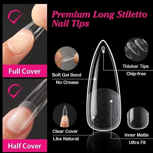 UNA GELLA Long Stiletto Gel Nail Tips Halloween Full Cover 504PCS Pre-shape Long Stiletto Almond Fake Clear Nails Tips No Need File Gel Tips No C Curve for Nail Extension DIY Art Salon 12 Sizes thumbnail 4