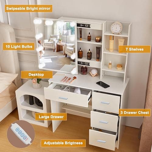 Teousev Vanity Desk with Lighting and Mirror,Small Vanity with 4 Drawers 6 Storage Shelves 3 Lighting Colors for Gilrs Vanity,White,31.5" L*14.2" W*51.2" H thumbnail 3