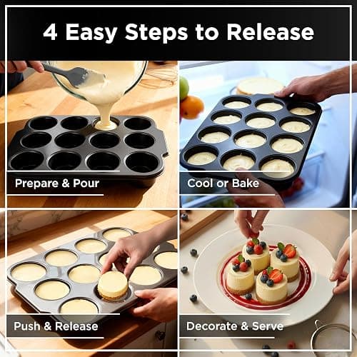 Wrenbury Pro Mini Cheesecake Pans Removable Bottom 12 Hole - Heavy Gauge Carbon Steel Non Stick Pan Loose Bottom Springform - 3 Inch Small Individual Cheesecakes Tin - PFOA Free thumbnail 6