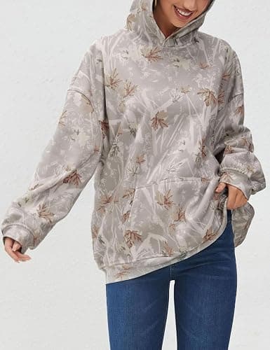 JEIBKOUY Womens Oversized Camo Hoodie Y2k Maple Leaf Print Fleece Hooded Pullover Sweatshirt Casual Long Sleeve Fall Outfits thumbnail 4