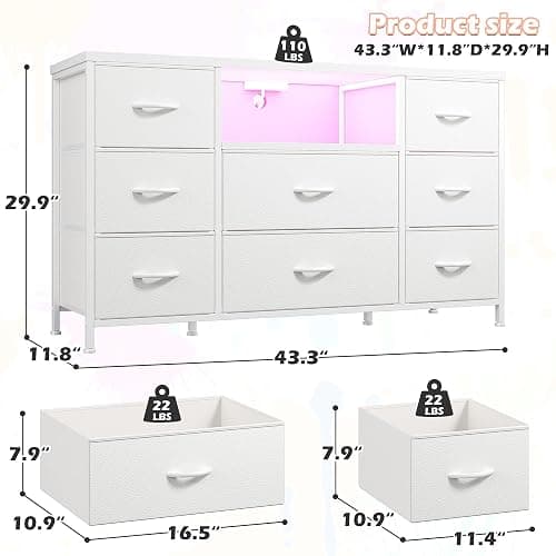 White Dresser for Bedroom with LED Lights & Charging Station, Dresser TV Stand for Bedroom with 8 Drawer for 55 inch TV, Fabric Dressers & Chests of Drawers with Open Shelves for Hallway Entryway thumbnail 3