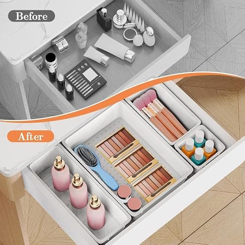 SpaceHacks 25 PCS Plastic Drawer Organizer Set, 4-Size Versatile Organizer Trays & storage Bins for Makeup, Jewelry, and Gadgets in Bathroom, Bedroom and Office, White thumbnail 5
