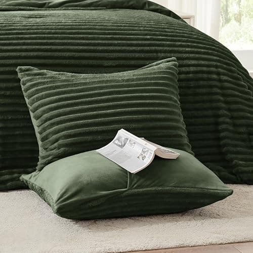 EXQ Home Fluffy Comforter Set Queen Size - Super Soft Faux Fur Stripe Jacquard Comforter 3 Pieces, Olive Green Fleece Bedding Set,Winter Warm Bed Set,1 Comforter with 2 Pillowcases thumbnail 7
