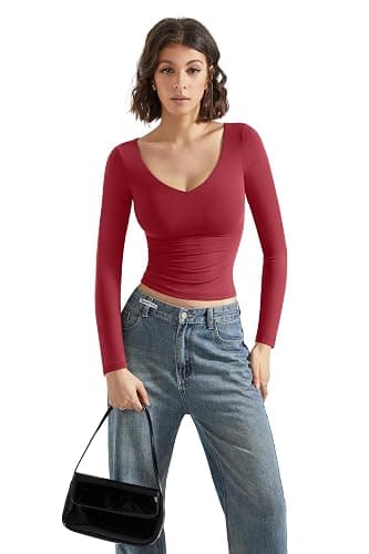 SUUKSESS Women Double Lined Casual V Neck Crop Tank Tops Basic Long Sleeve Shirts thumbnail 4
