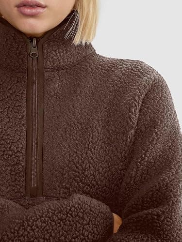 LASLULU Womens Half Zip Pullover Cropped Sweatshirts Sherpa Fleece Jacket Fuzzy Sweaters Cute Winter Jackets with Pockets thumbnail 2