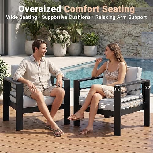 Solaste Aluminum Outdoor Couch, 3-Seat Metal Outdoor Sofa with Water-Resistant Cushion, Weather-Resistant Modern Patio Sofa, Black Frame Grey Cushion thumbnail 3