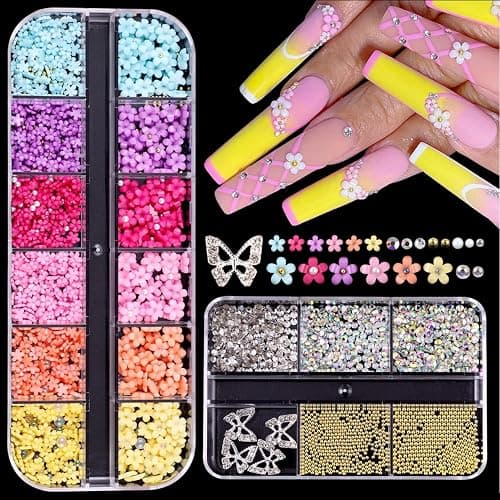 Viojrlly 4 Box Bügelperlen 3D-Nagelkunst-Dekorationen Blumenform Nagel Anhänger, Gold-Silber-Kaviar-Metallperlen Charm Strass-Dekorationszubehör Pastell-Acrylblume für Nagelkunst thumbnail 5