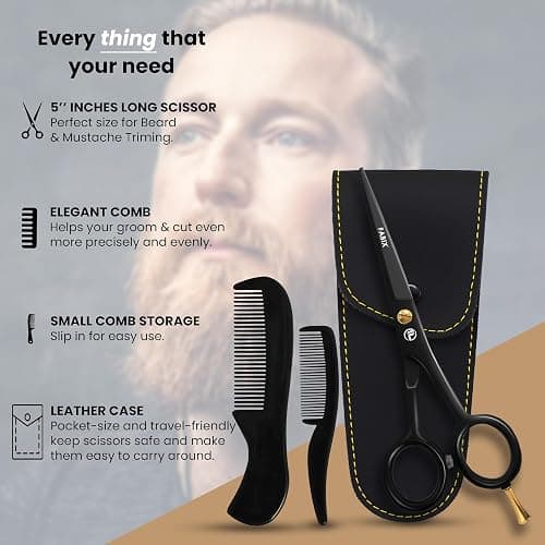 5” Professional Beard Mustache Scissors with 1 Beard Comb, 1 Mustache Comb and Travel Pouch - Perfect Beard Trimming Scissors for All Facial Hair Scissors - Grooming Scissors thumbnail 7