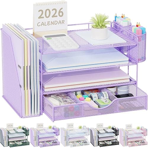 gianotter Desk Organizers and Accessories with File Holder, 4-Tier Desk Accessories & Workspace Organizers with Drawer and 2 Pen Holder, Paper Organizer for Office Supplies (Purple) - Image 1