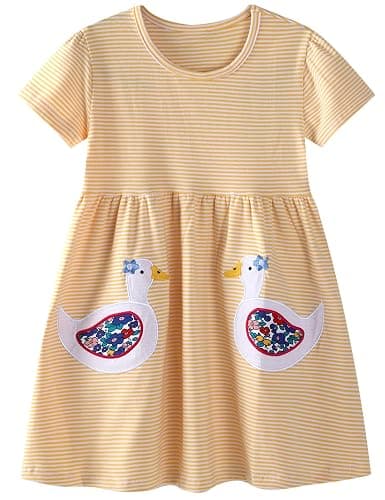 FreeLu Girls Cartoon Appliques Dress Cotton Summer Short Sleeve Dresses Casual Jersey Skirt - Image 1