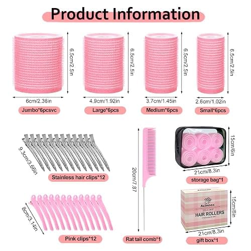 4 Sizes Self-Grip Hair Rollers Set with Clips - 4 Sizes for Long, Short Hair & Bangs (25mm, 36mm, 48mm, 60mm), Pink (PINK, 4 Sizes) thumbnail 2