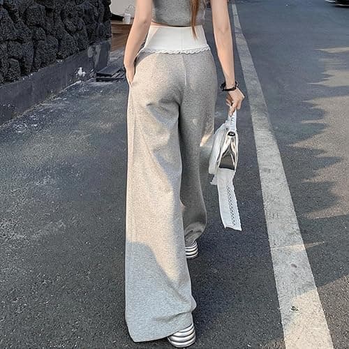 Fold Over Pants Women Flare Y2K Wide Leg Color Block Lace Foldover Sweatpants Casual Bottoms Baggy Streetwear Sweat Pants thumbnail 5