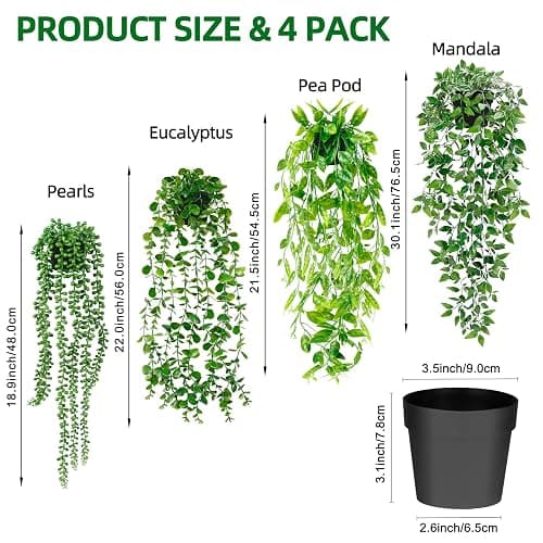 Palonu Artificial Hanging Plants for Shelf, 4 Pack Fake Potted Greenery Faux Eucalyptus Vine, Mandala Vine, String of Pearls,Pea pod Leaves in Pot for Office Living Room Bathroom Indoor Outdoor Décor thumbnail 3