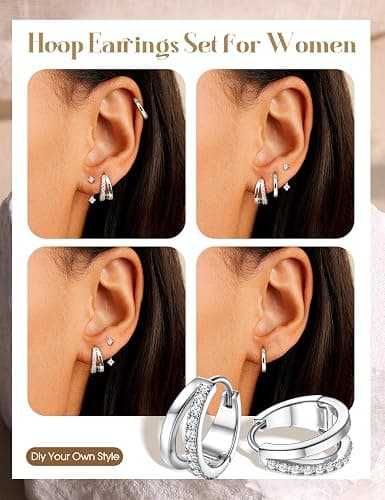 Finrezio 3 Paar Ohrringe Silber 925 für Damen Creolen Silber Gold Ohrstecker Silber 925 Hypoallergen Ohrringe Klein Creolen Huggie Piercing Ohr Gold Silber Ohrringe Schmuck Gold thumbnail 2