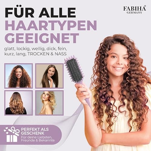 FABIHA® Lockenbürste - Curly Hair Brush - Bio Haarbürste ohne ziepen mit Wildschweinborsten - Das NEU 3-in-1-Stylingbürste mit einzigartigem Zahnrad-Design für trendiger Lockenfrisuren (Lilac) thumbnail 4
