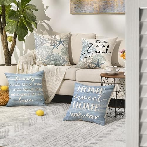 AVOIN colorlife Summer Take Me to The Beach Coral Starfish Throw Pillow Covers, 18 x 18 Inch Home Sweet Home Motto Blue Cushion Case for Sofa Couch Set of 4 thumbnail 2